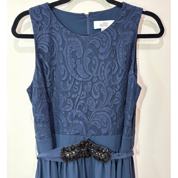 Belle Badgley Mischka Maxi Dress sz 12 Navy Blue Gown Lace Beaded Waist Chiffon - Picture 2 of 12